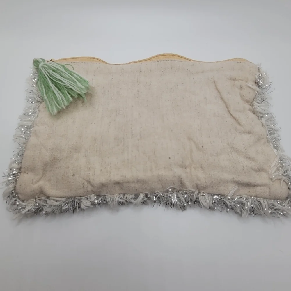 Fringe Beaded Sequins Tassle Cream Makeup Bag or Clutch Metallic Cotton Linen